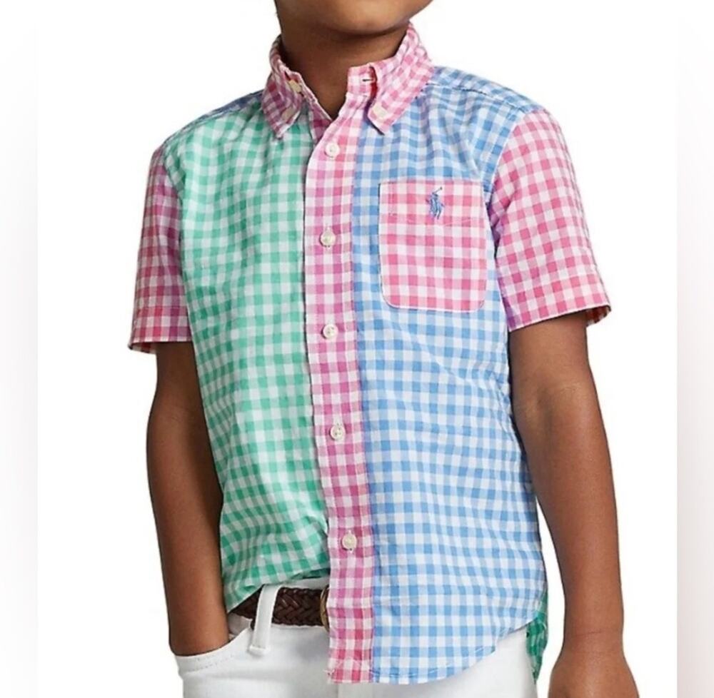 Polo Ralph Lauren Boy's Gingham Colorblock Short-Sleeve Button Down Shirt Size 6